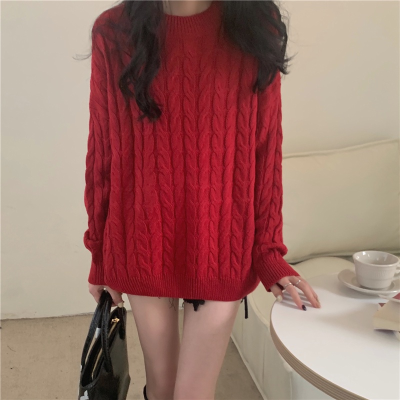 SUXI Áo len màu trơn dáng rộng cổ tròn thời trang phong cách retro dành cho nữ