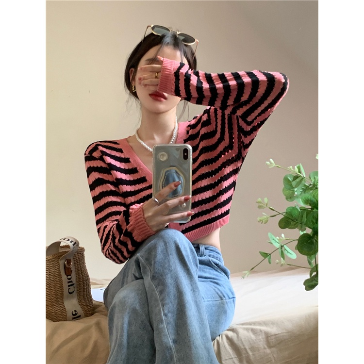 Porozi  Áo khoác cardigan dệt kim  cổ V tay dài họa tiết kẻ sọc phong cách thời trang Hàn Quốc cho nữ