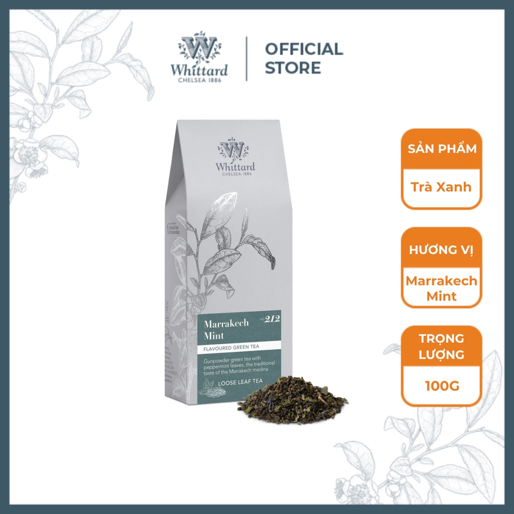 Trà xanh bạc hà Anh Quốc Whittard Classics Marrakech Mint (trà nguyên lá hộp giấy, 100g)