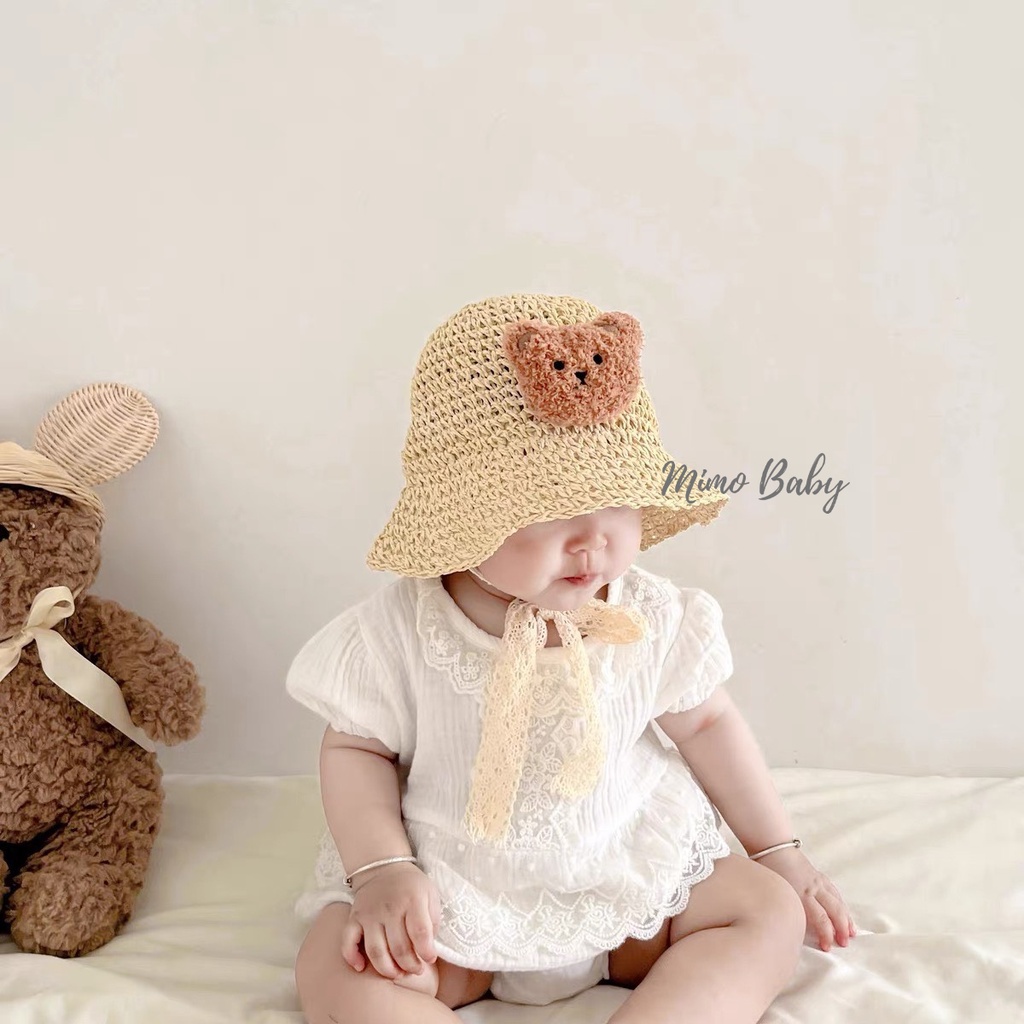 Mũ nón bucket chất cói mềm đính gấu bông xù dễ thương cho bé MH178 Mimo Baby