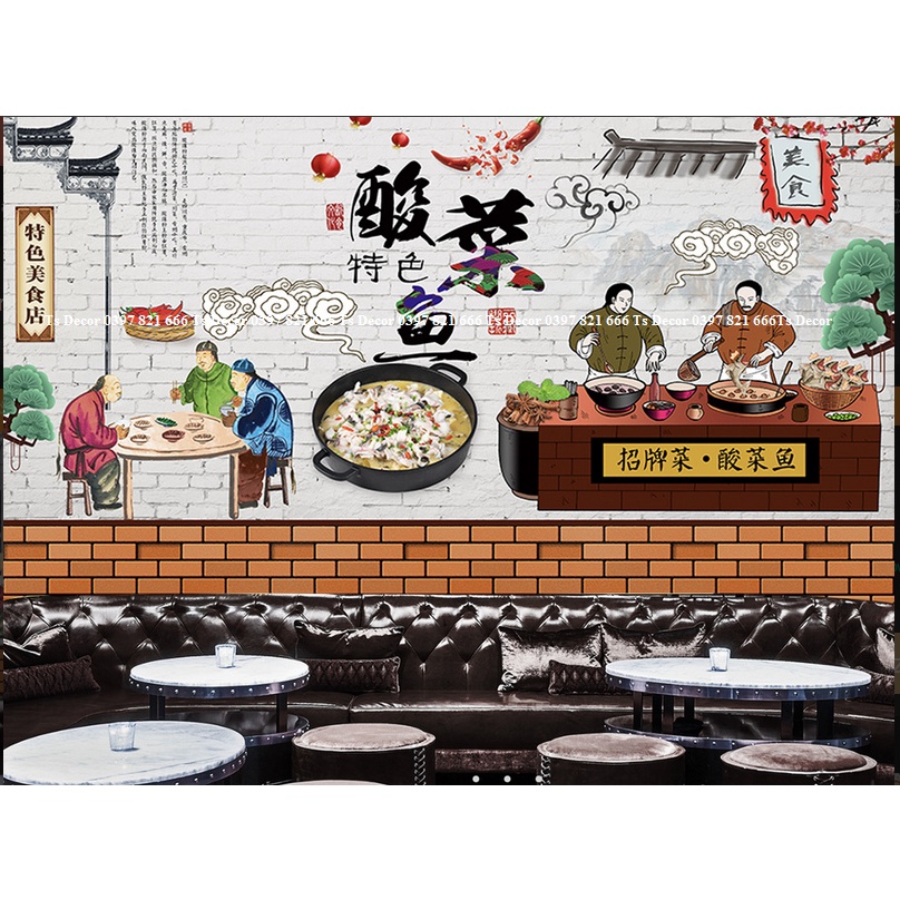 Tranh dán tường nhà hàng lẩu nướng 3D khổ lớn in theo kích thước yêu cầu – Không giới hạn kích thước