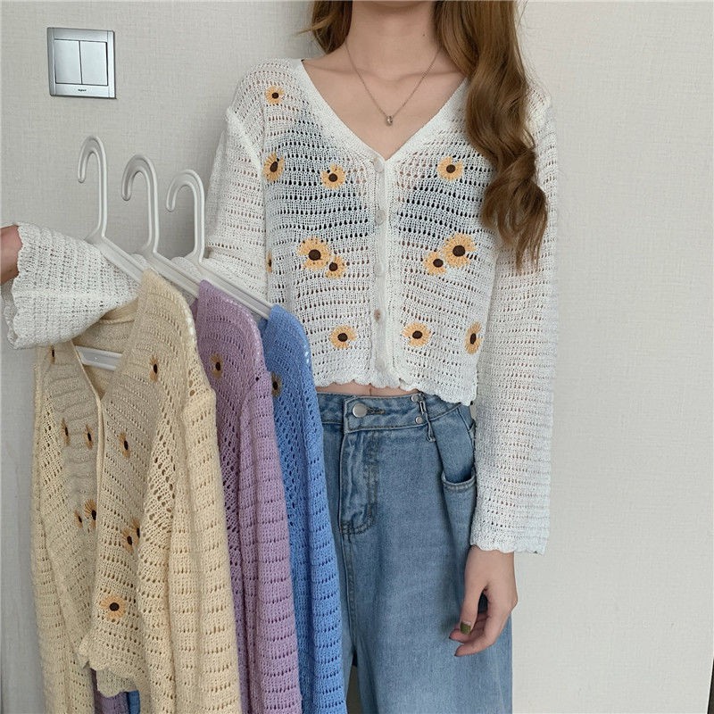 Áo Khoác Cardigan Tay Dài Cổ Chữ V Họa Tiết Hoa Thời Trang Cho Nữ