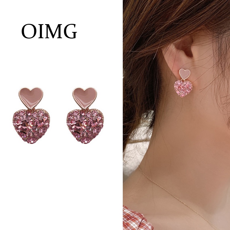 Bông tai OIMG mạ bạc 925 hình trái tim hồng đơn giản thời trang phong cách Hàn Quốc