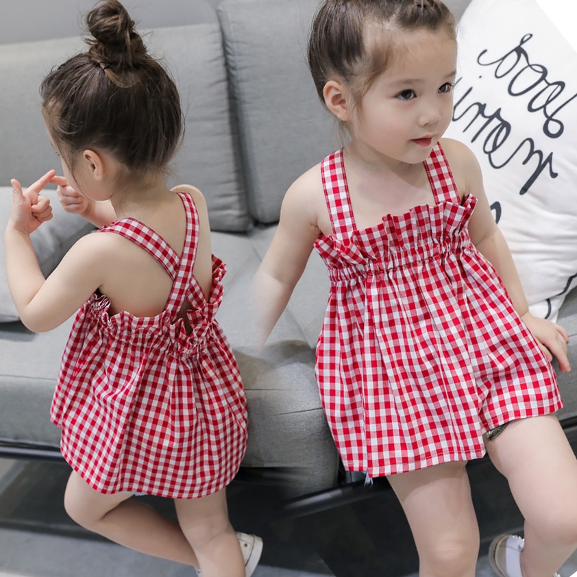 Đầm Công Chúa Mùa Hè Hai Dây Họa Tiết Kẻ Sọc Đỏ Phong Cách Hàn Quốc Kiểu Mới Cho Bé Gái