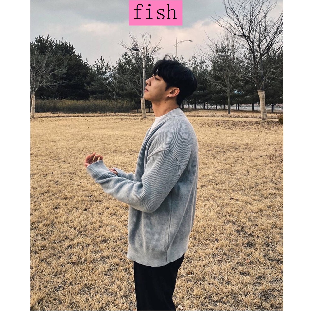 Áo khoác cardigan dệt kim màu trơn đơn giản dễ phối đồ thời trang thu đông kiểu Hàn Quốc / Nhật Bản cho nam