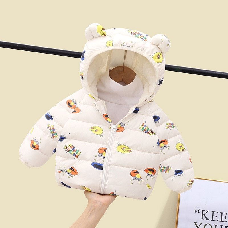 Áo khoác họa tiết trẻ em, áo phao tai gấu, siêu nhẹ, siêu mềm, dày ấm cho bé 8-20kg