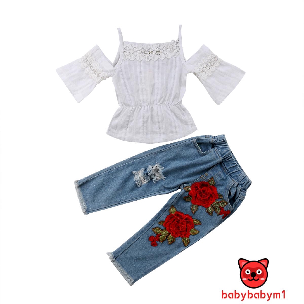 Set Áo Ren Hoa + Quần Jeans Cho Bé Gái