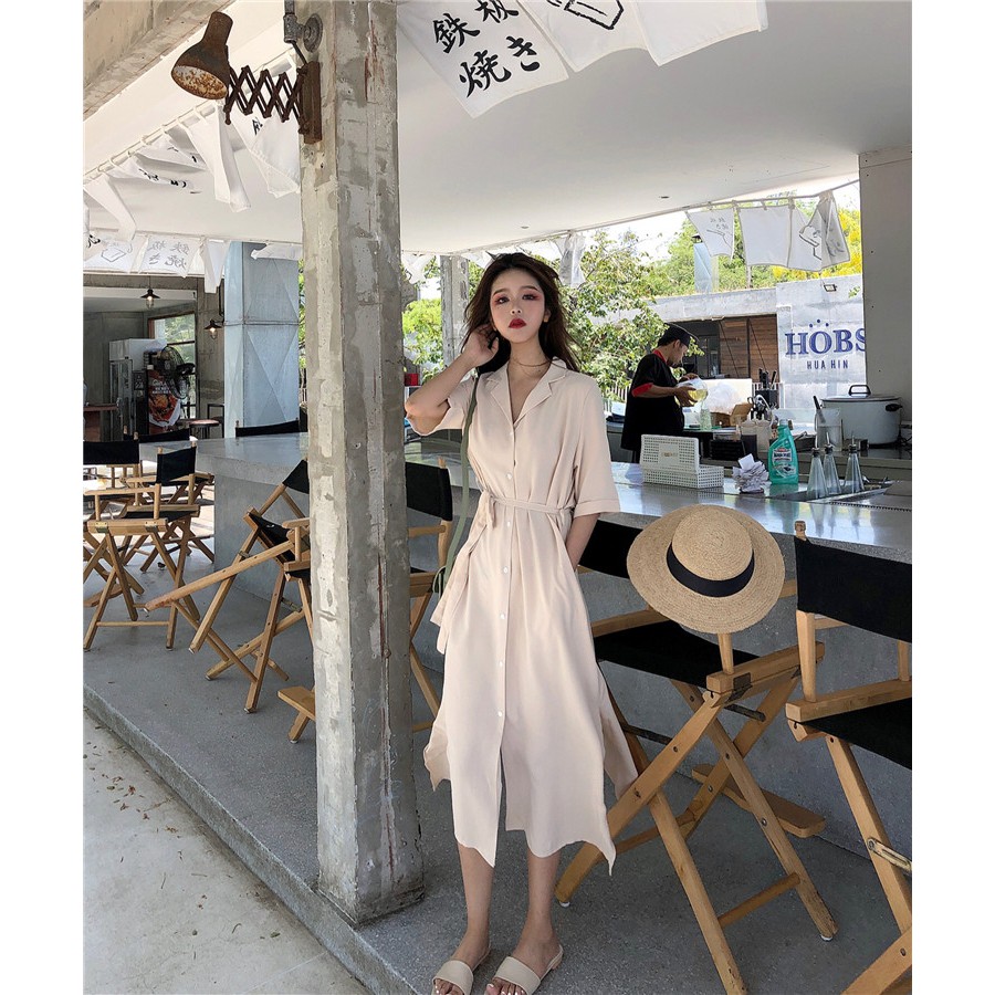 Váy sơ mi dáng dài vintage thắt eo cài khuy