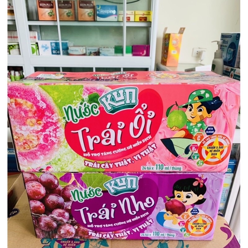 Thùng 24 túi nước trái cây Kun vị ổi/nho