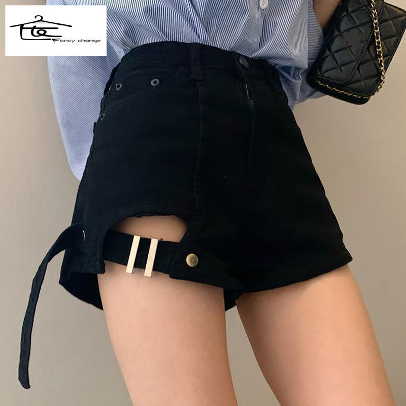 Quần Short Denim Đen Dáng Chữ A Lưng Cao Thời Trang Mùa Xuân Cho Nữ