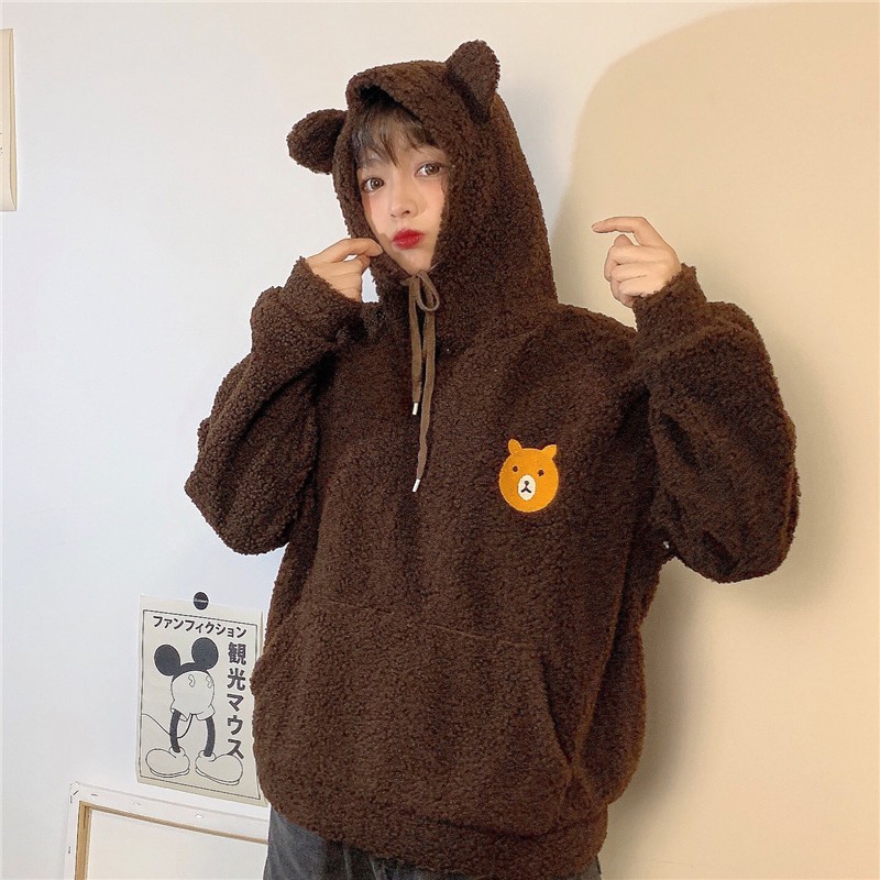 Áo hoodie len bông tay dài không có túi gấu logo nhỏ nón tai gấu cute ulzzang ( 2 màu )