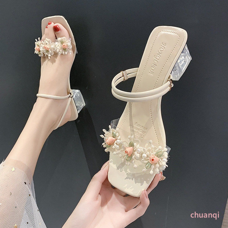 Xăng đan Cao Gót Hai Mặt Trong Suốt Đính Hoa Phong Cách La Mã Thời Trang Mùa Hè Cho Nữ