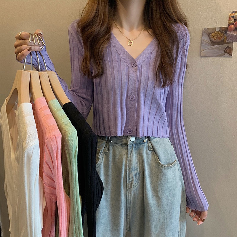 Áo Khoác Cardigan Dệt Kim Dáng Ngắn Phong Cách Hàn Quốc Thời Trang Mùa Thu Cho Nữ