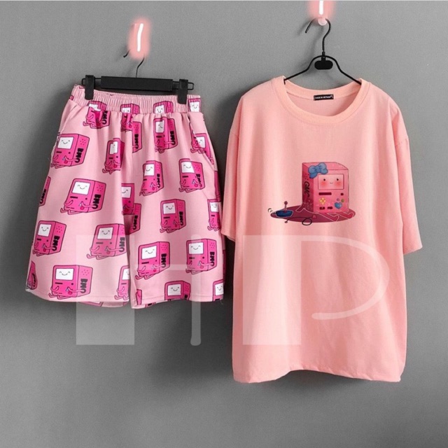 Sét áo game ngồi đeo nơ + quần đùi game hồng THB868