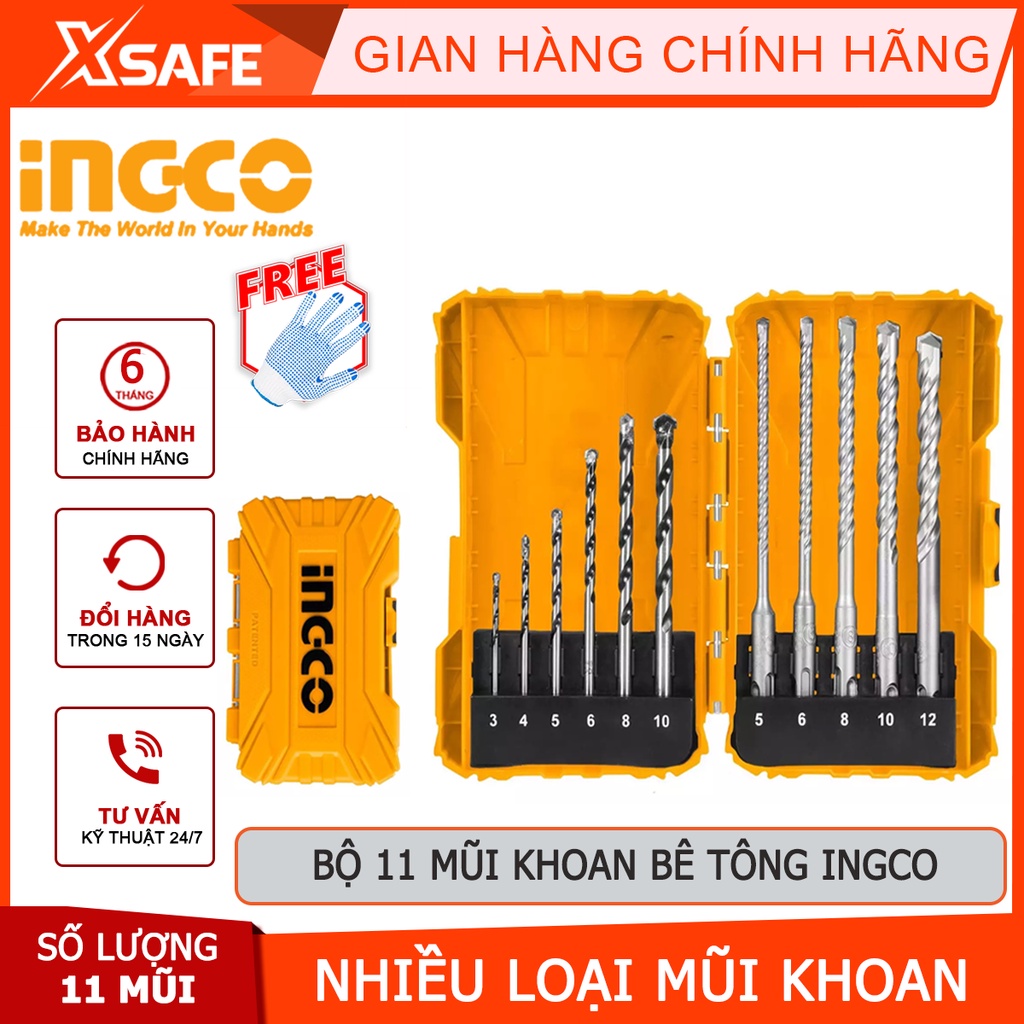 Bộ 11 mũi khoan bê tông đuôi trơn và đuôi gài INGCO AKDL31101 Bộ mũi khoan 11 chi tiết đuôi trơn và đuôi gài - [XSAFE]