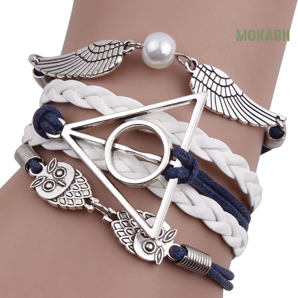 Vòng Tay Bện Dây Da Nhân Tạo Nhiều Lớp Phong Cách Harry P-otter Deathly Hallows