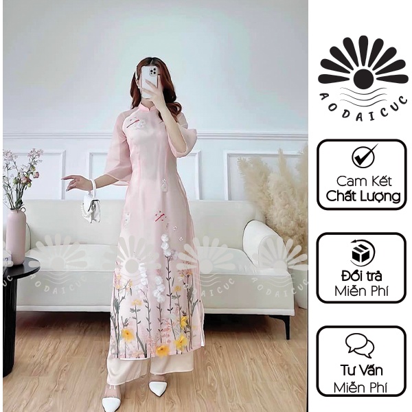 Áo dài cách tân 4 tà hồng nhạt tiểu thư sang chảnh