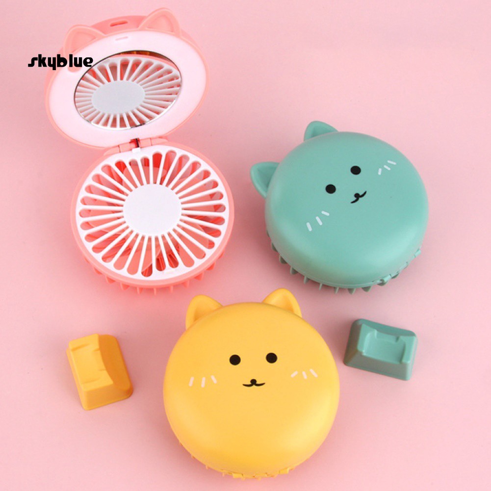 Quạt mini bỏ túi có đèn LED và gương trang điểm thiết kế hình mèo dễ thương cho nữ