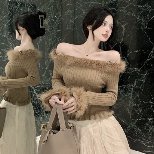 Áo Sweater Dệt Kim Tay Dài Dáng Ôm Co Giãn Phối Lông Vũ Phong Cách Hàn Quốc Thời Trang Quyến Rũ Cho Nữ