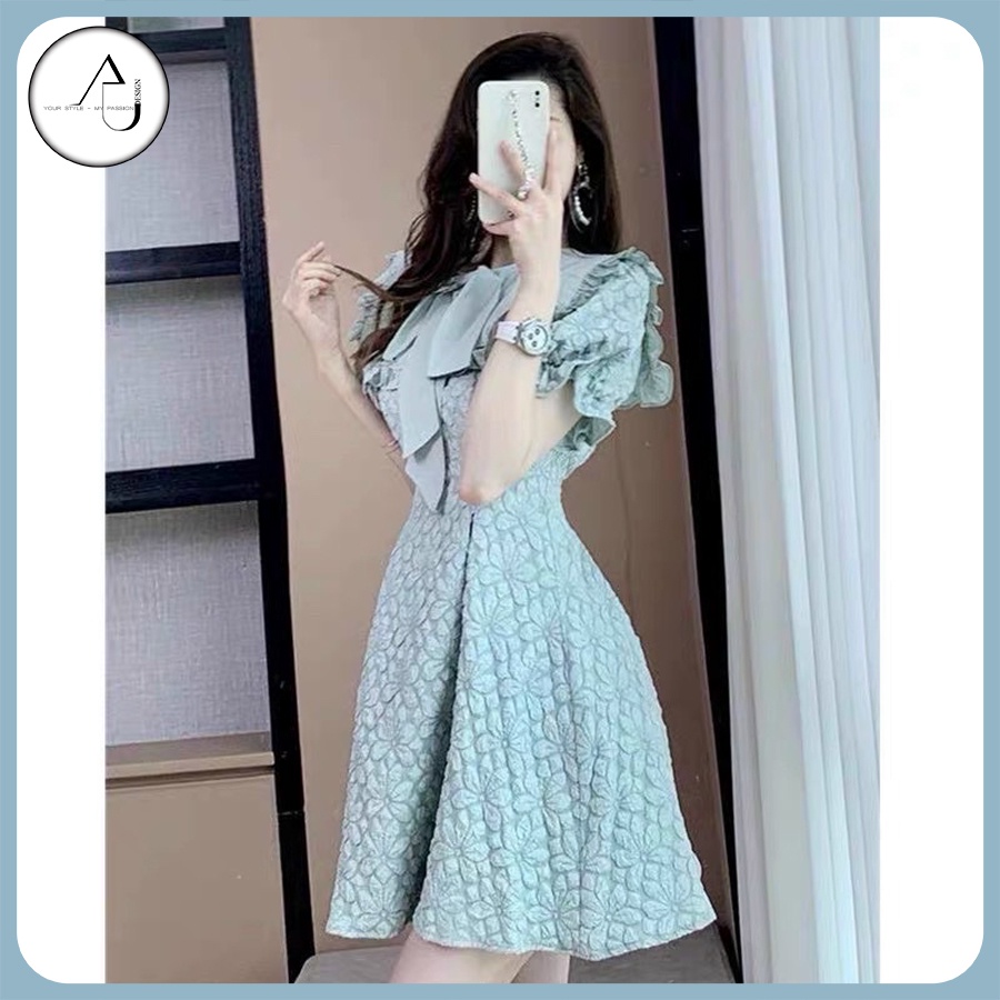 Đầm Gấm Xanh Dự Tiệc Tay Phồng AU.DESIGN Cổ Sen Bèo Nơ Sang Chảnh Màu Xanh Mint Freesize