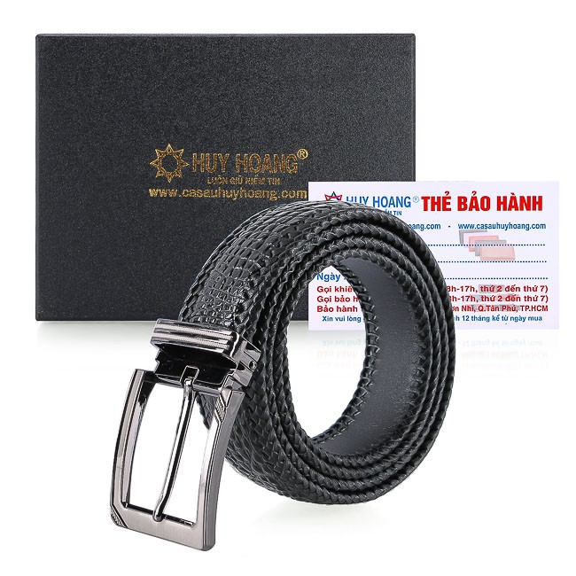 Dây nịt nam Huy Hoàng da cá sấu đan viền 3,5P đầu kim màu đen HP4276