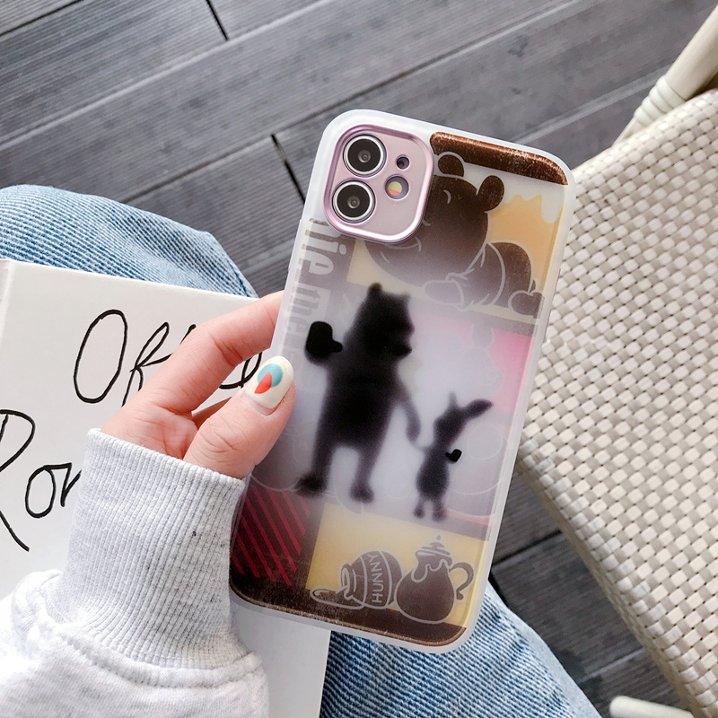 Cute Pooh Bear's Back View Metal Plating Square IPhone Case Iphone 11 Pro 11Pro MAX 8 7 Plus X XS Max XR 12 Artistic Graceful Bird Anti-Drop Casing Matte Soft Silicone Cover