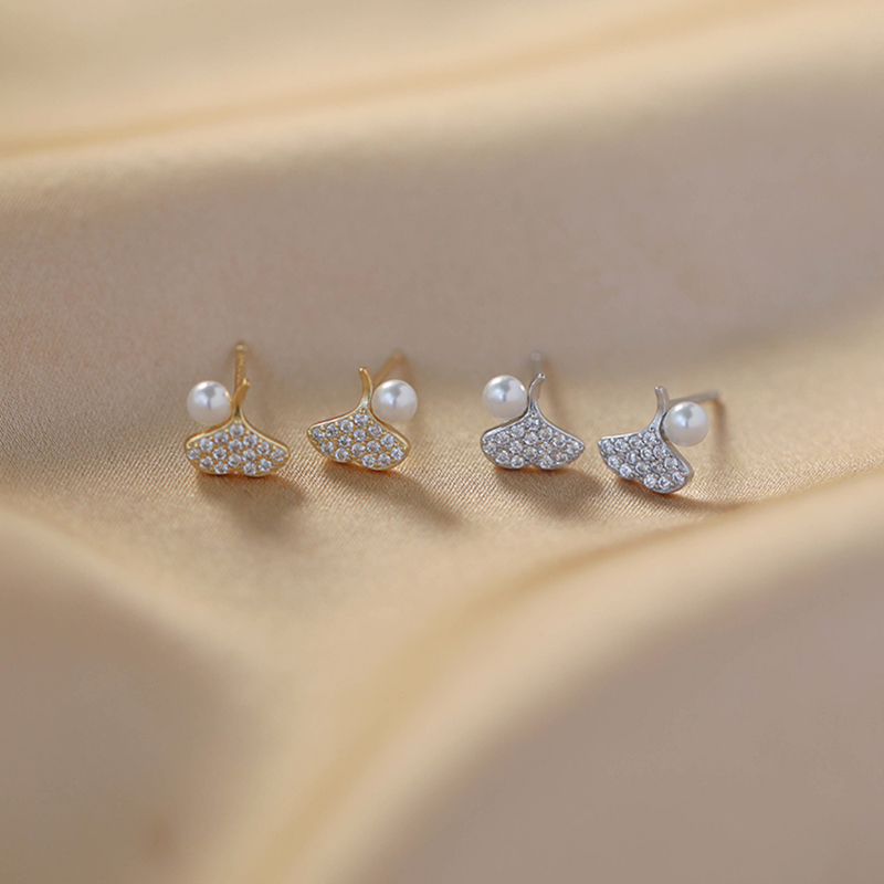 Bông Tai Ngọc Trai Elegant Ginkgo Biloba Crystal Pearl Earrings Stud Shinning Leaves Zircon Party Earring Women Girl Gift Jewelry