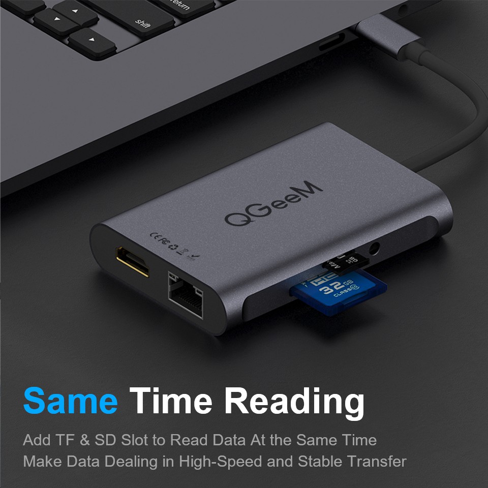 Bộ Hub USB C QGeeM 8 trong 1 4K USB sang HDMI, Type C sang Ethernet 1G, USB C sang USB 3.0 3.5mm AUX, đầu đọc thẻ Type C