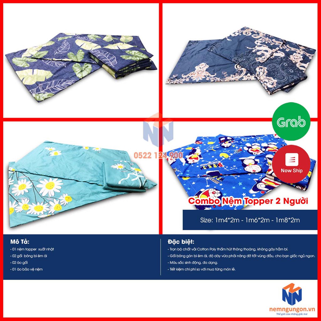 Combo nệm topper xuất Nhật kèm gối, drap - Nệm topper trải sàn cao cấp - đồng bộ màu sắc [Đủ size] - Màu ngẫu nhiên