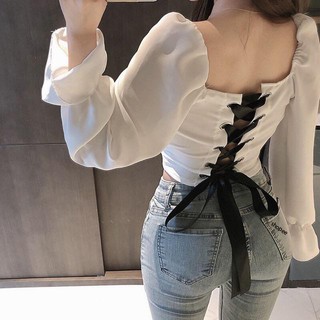 Áo sơmi croptop buộc nơ lưng