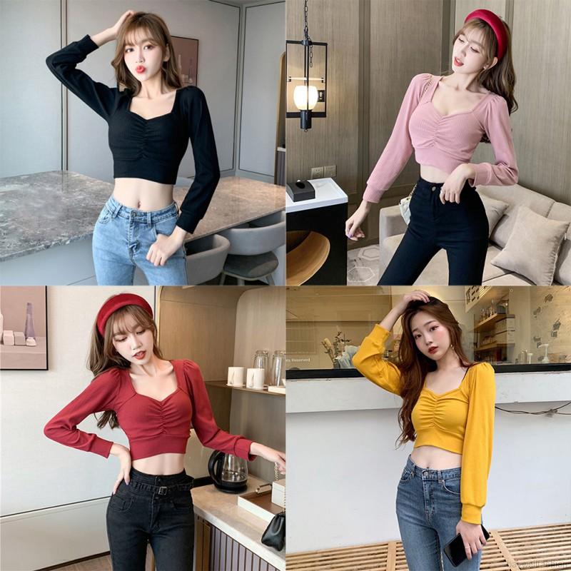 [Baywellfashion]Retro Square Collar Elastic Tight  Long Sleeve Crop Tops