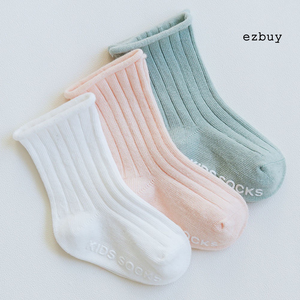 Bộ 3 Đôi Tất Bằng Cotton Màu Trơn Thoáng Khí Chống Trượt Cho Bé