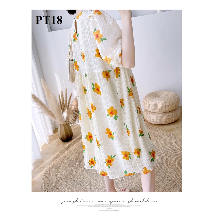 Đầm bầu voan gân hoa 2 màu kem và xanh