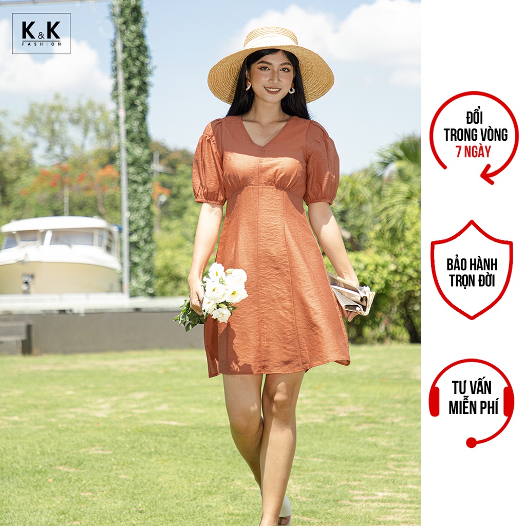 Đầm Chữ A Nhấn Eo Cao Cổ V K&K Fashion KK106-21 Màu Cam Vải Voan Mềm Mại