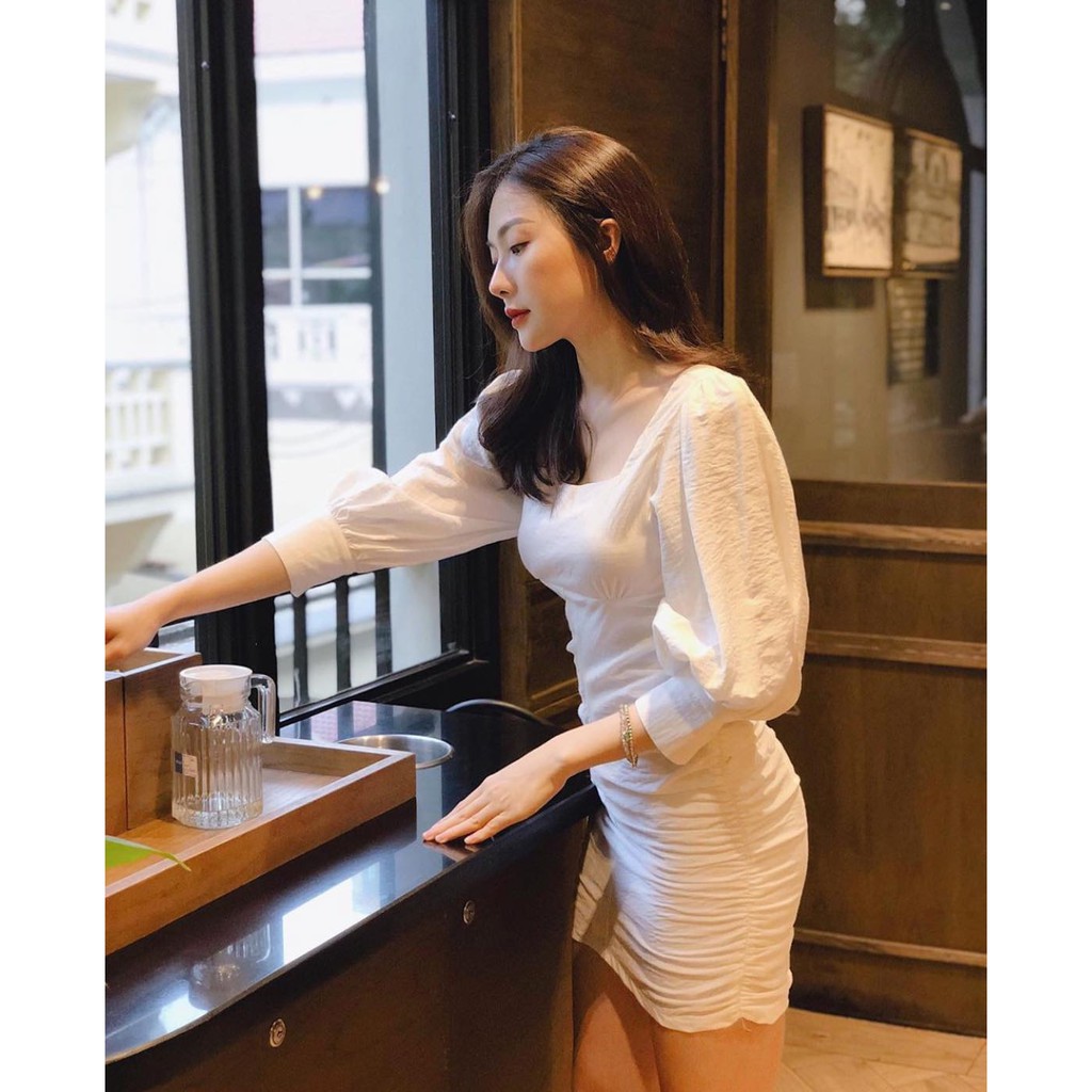 [Mã SKAMSALEP6 giảm 10% tối đa 100K đơn 150K] (HÌNH THẬT) Đầm Cổ Vuông Tay Phồng Thân Nhún CHICO (TRẮNG) | BigBuy360 - bigbuy360.vn