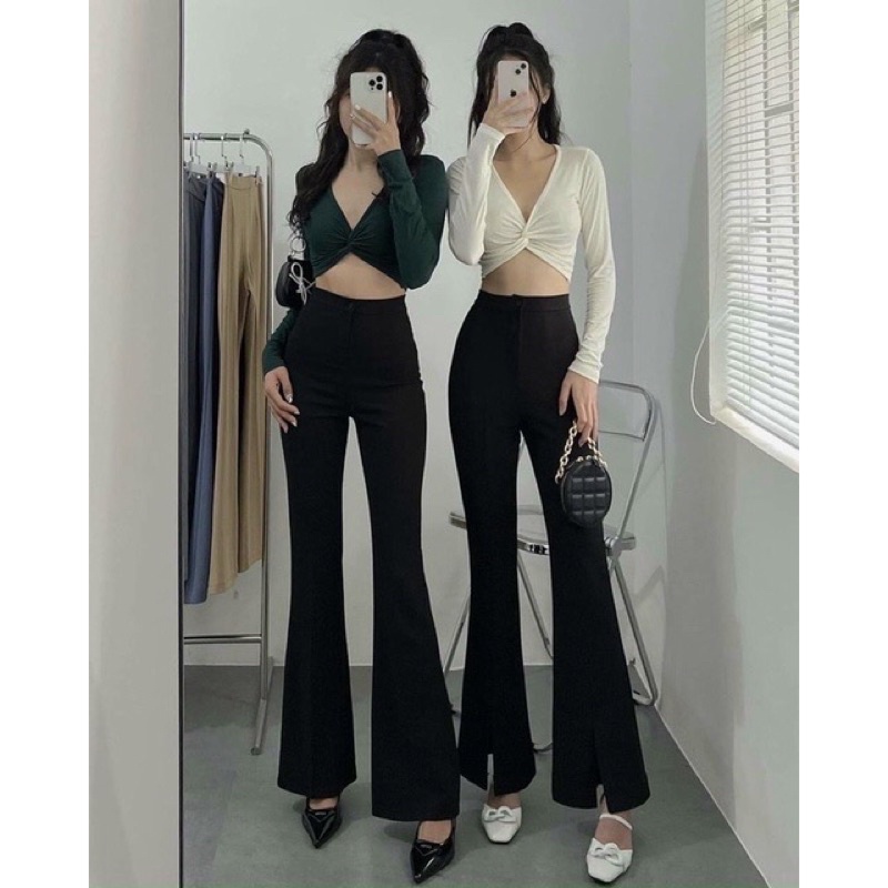 Áo croptop xoắn ngực tay dài, Áo Croptop Cổ V Khoét Sâu Xoắn Ngực Tay Dài Tôn Dáng Gợi Cảm A2171