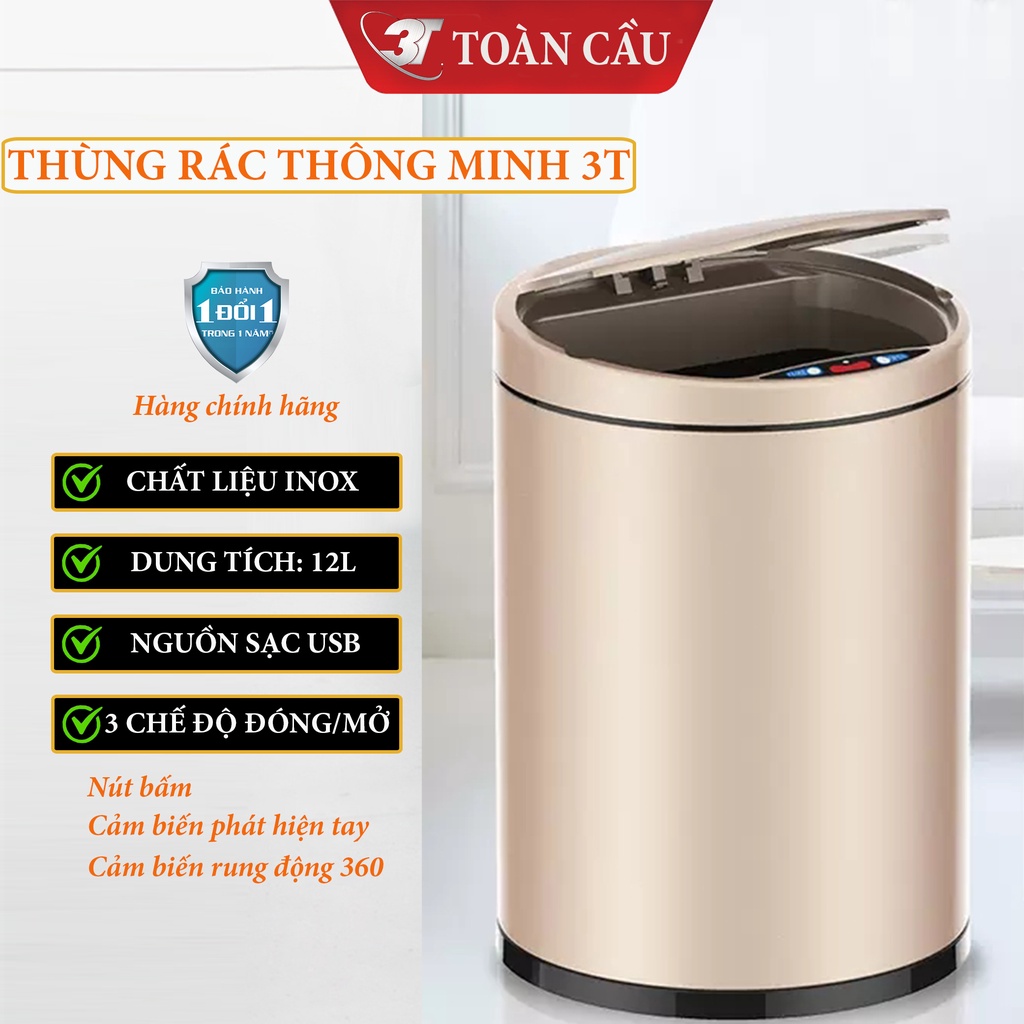 Thùng rác cảm biến thông minh 3 chế độ mở cửa, vật liệu INOX dung tích 12L sử dụng sạc điện