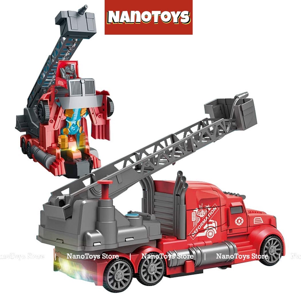 Đồ chơi xe cứu hoả phun nước biến hình Robot - có còi hụ, đèn, tránh chướng ngại vật - tặng kèm pin - NANOTOYS STORE