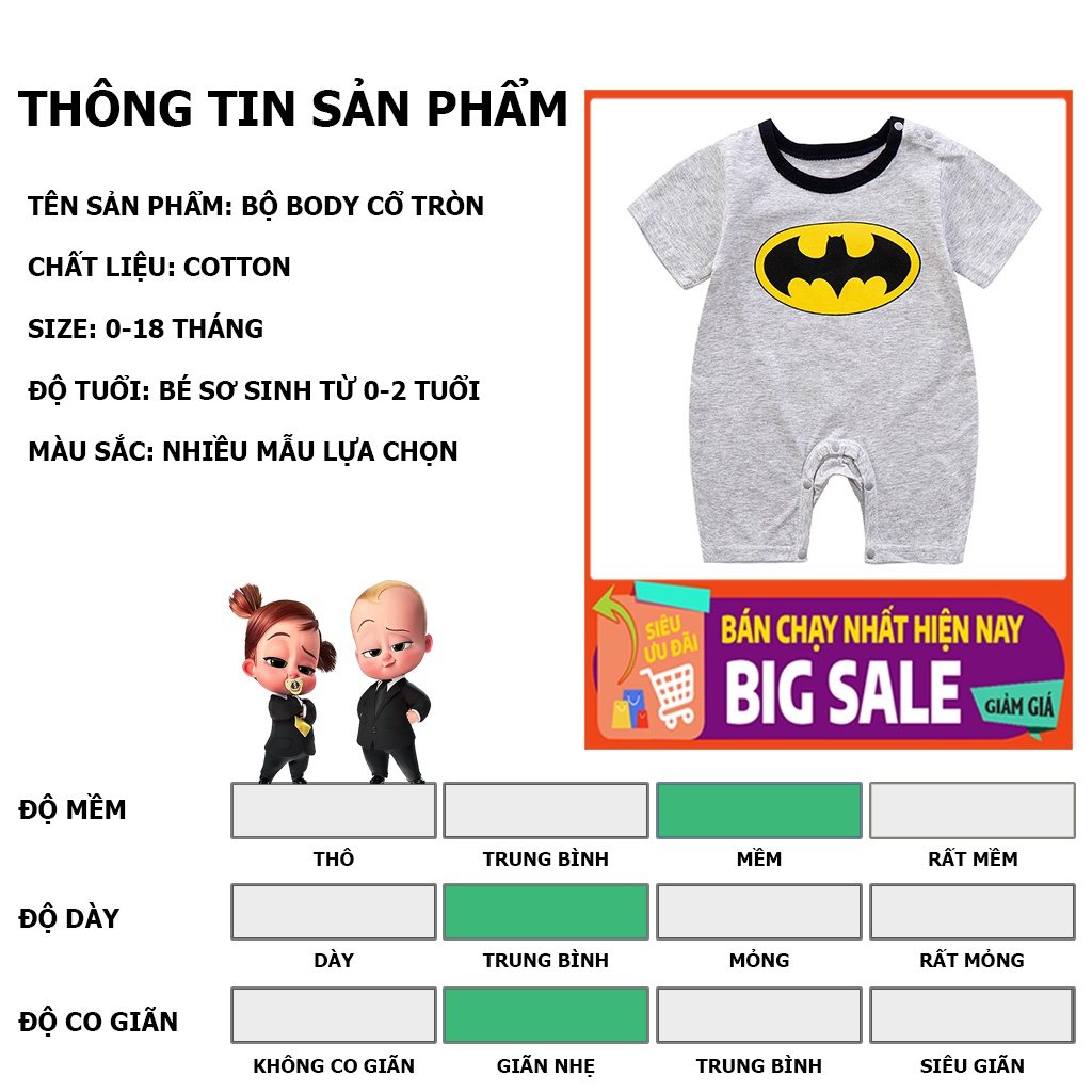 Bộ bodysuit cho bé trai bé gái, body liền thân cho bé cổ tròn nhiều mẫu lựa chọn chất cotton hàng xuất khẩu