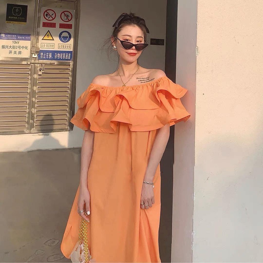 Đầm Trễ Vai Ngực Bèo 🦋 Váy trễ vai 🦋 Váy quây freesize 🦋 váy quây tay bồng 🦋 váy đi biển Nữ Chất Voan Dáng Lỡ 6 Màu 🦋