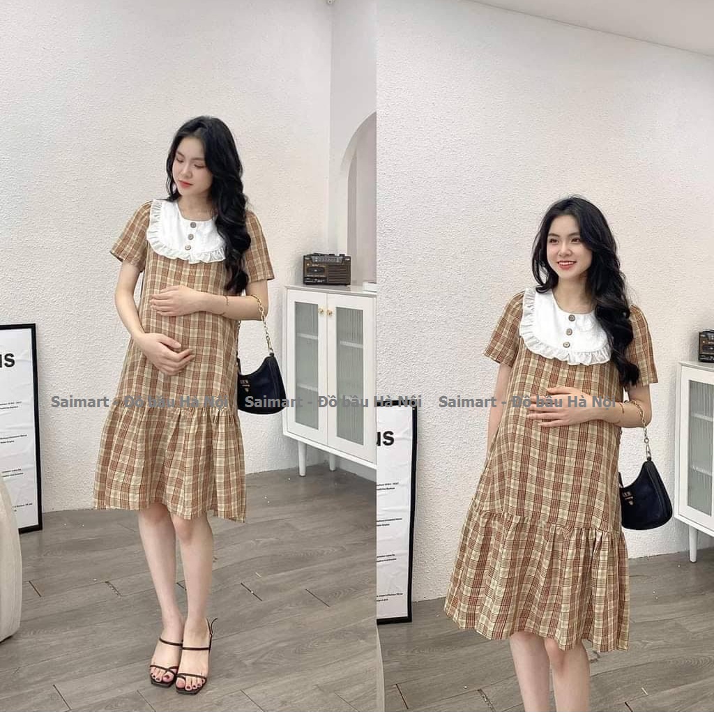 Váy bầu, đầm bầu thiết kế công sở, kẻ caro cực xinh, tông màu nâu pastel dịu mát - sang chảnh. Freesize dưới 70kg