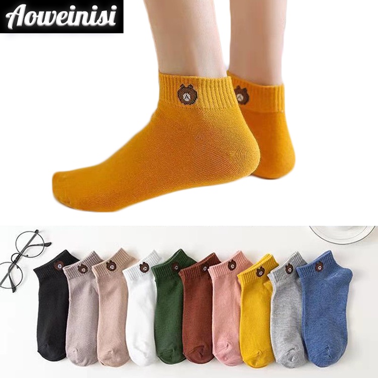 Tất cotton AOWEINISI cổ cao thoáng khí in hình gấu hoạt hình 10 màu