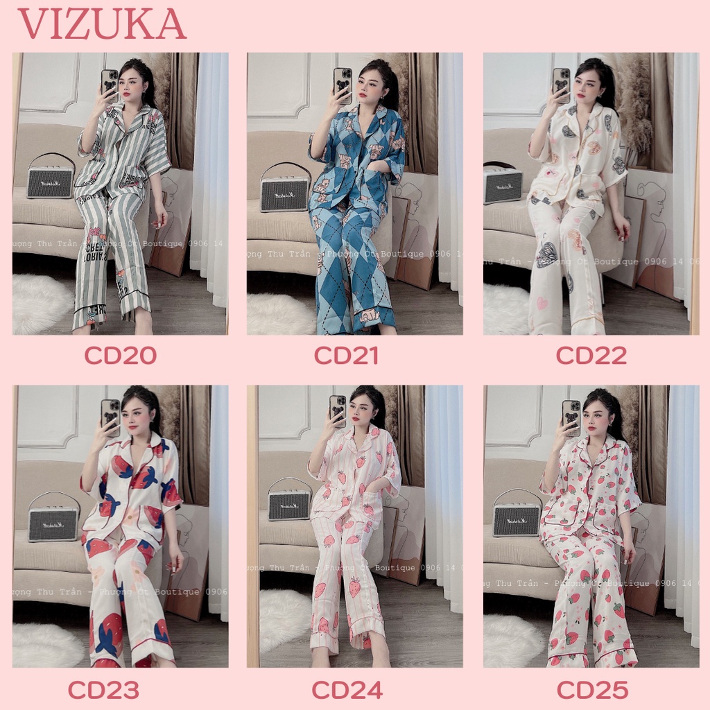 Đồ bộ nữ mặc nhà dễ thương tay ngắn quần dài pijama lụa VIZUKA