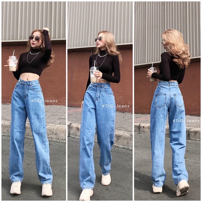 Quần jeans suông cạp cao đai cài dây khuy