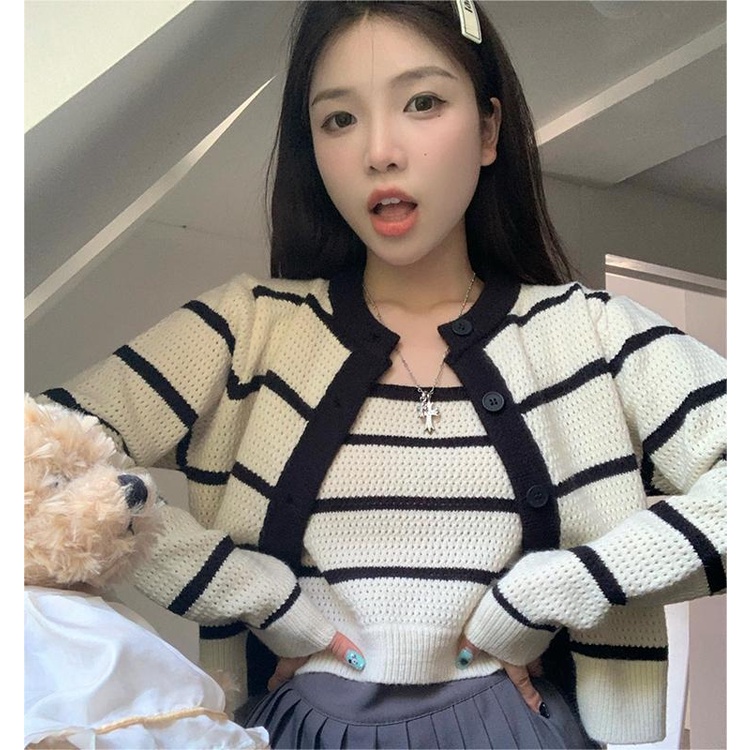 ZHELIHANGFEI Áo Cardigan Dệt Kim Hai Dây Lưng Cao Họa Tiết Kẻ Sọc Phong Cách Quyến Rũ