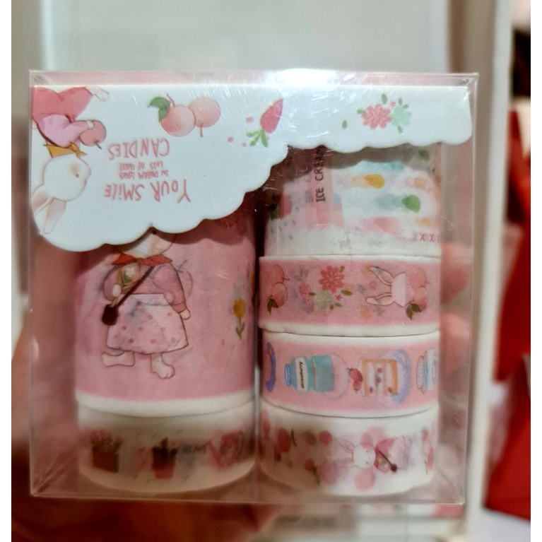 Hộp washitape 6 cuộn, có 1 cuộn khổng lồ chủ đề thỏ-mèo hồng mã Hz5801