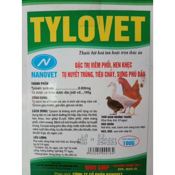 Tylosin 100g 200g tylovet ho hen, khẹc vẩy mỏ chảy nước mắt viêm phôi, phế quản, lợn gà vịt chim chó mèo dê cừu ngỗng