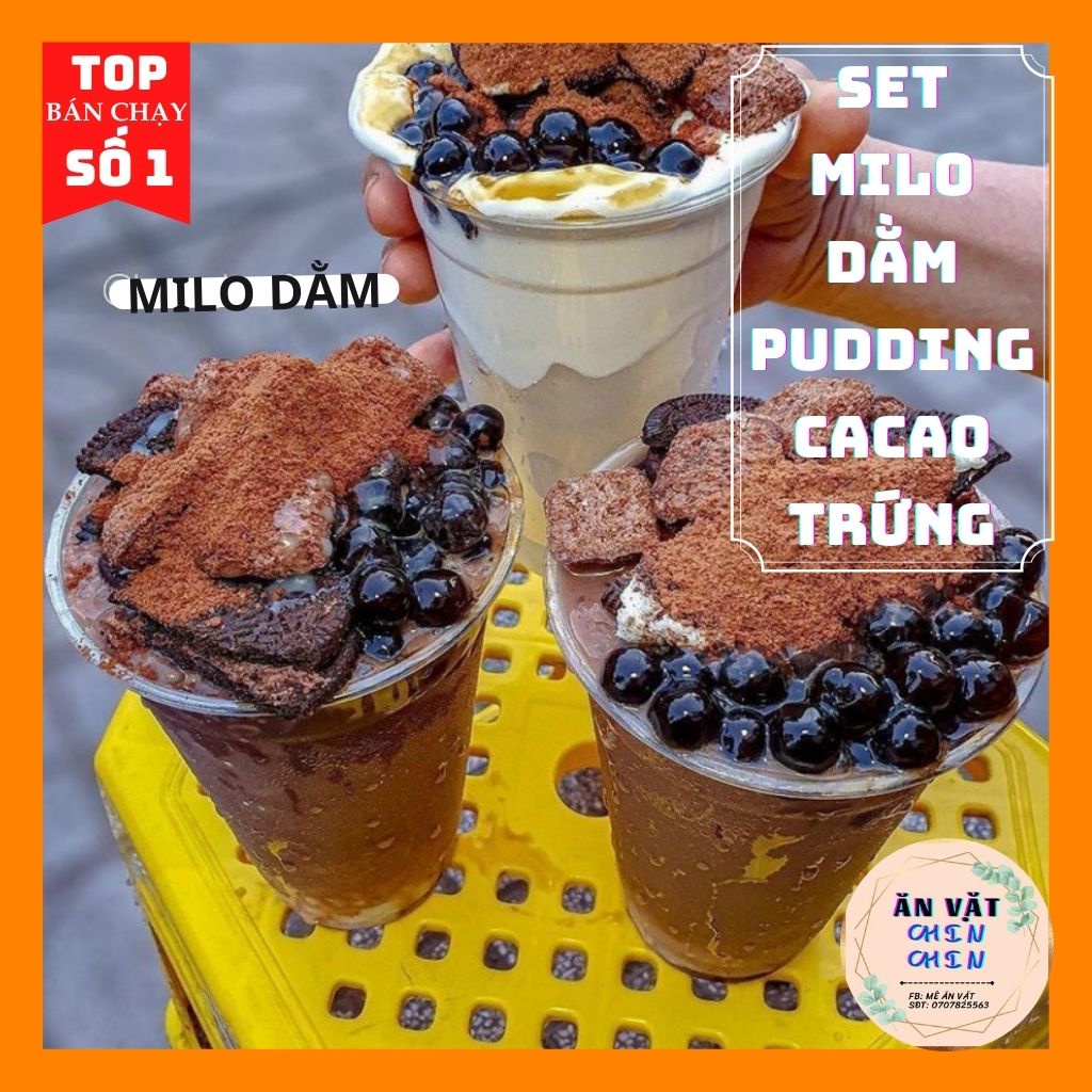 Set milo dầm trân châu, pudding trứng cacao túi 400g, nguyên liệu đầy đủ, tiện lợi