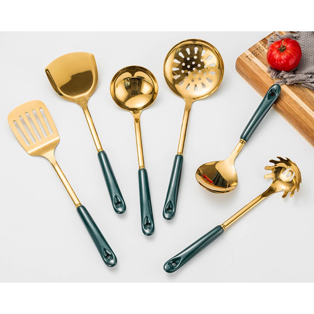 Bộ dụng cụ nhà bếp 7 món. dụng cụ nhà bếp. bộ dụng cụ nhà bếp 7 món bằng inox, mạ vàng, cán đá. hoangdecor