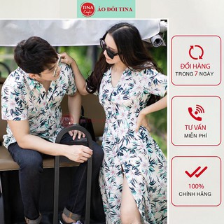 Đồ Đôi Nam Nữ, Váy Áo Sơ Mi Đi Biển Couple In Họa Tiết Hoa Lá, Vải Đẹp
